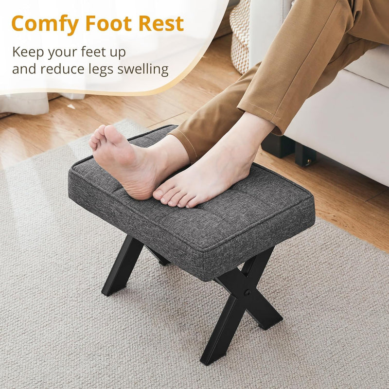 Solid Sheesham Foot Stool, 12" H Small Foot Stools Ottoman, Durable Linen Footstool X-Leg, Padded Foot Rest Ste