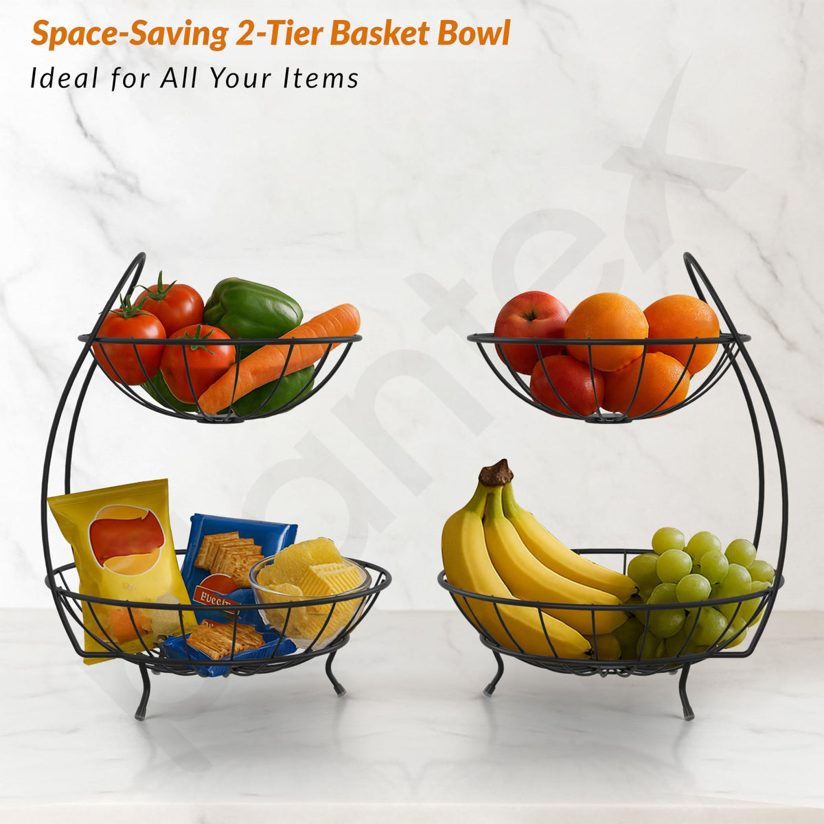 Plantex Fruit Basket for Dining Table/2-Tier Vegetable Basket Stand/Fruit Bowl/Vegetable and Fruit Stand for Kitchen Storage Black, (23 x 32 x 28 cm)-2