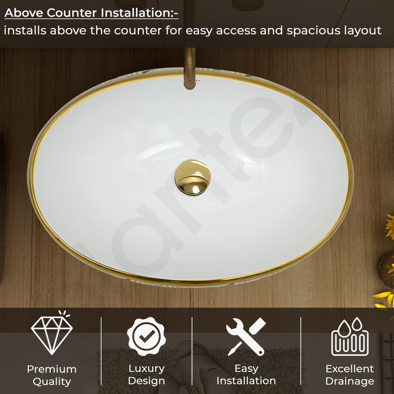 Plantex Tabletop Wash Basin for Bathroom/Designer Ceramic Basin/Vessel Sink Basin for Home/Office/Hotel (23.5 x 16 x 7 Inch - White & Gold)-2