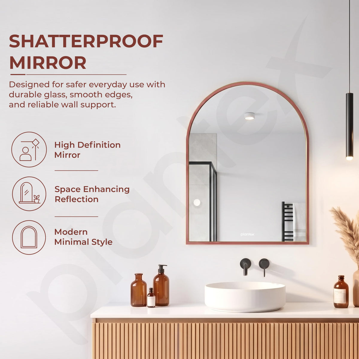 Plantex Aluminium Frame Mirror for Bathroom/Wall Mount Half-Capsule Mirror for Bedroom/Dressing Room/Living Room/Entryway - (Rose Gold, 18x24 Inch)-2