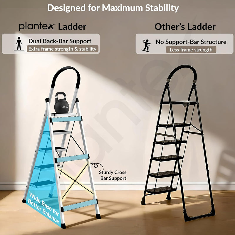Plantex Ladder for Home 5 Steps/Foldable Ladder with Anti-Skid Wide Steps (30L x 20W cm)/Strong D-Shape Pipe with X-Support for More Stability/5 Year Warranty(Apex-White)