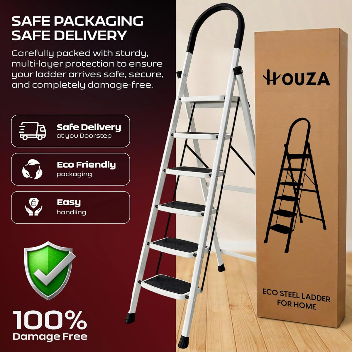 HOUZA Steel Ladder for Home 6 Steps Foldable with Anti-Skid Wide Steps (30cm x 20cm) | 6 Step Ladder for Home Use with D-Shape Rods | Secure Lock | 150 Kg Capacity Folding Ladder | 5 Year Warranty
