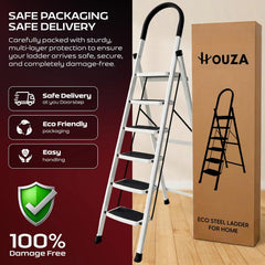 HOUZA Steel Ladder for Home 6 Steps Foldable with Anti-Skid Wide Steps (30cm x 20cm) | 6 Step Ladder for Home Use with D-Shape Rods | Secure Lock | 150 Kg Capacity Folding Ladder | 5 Year Warranty