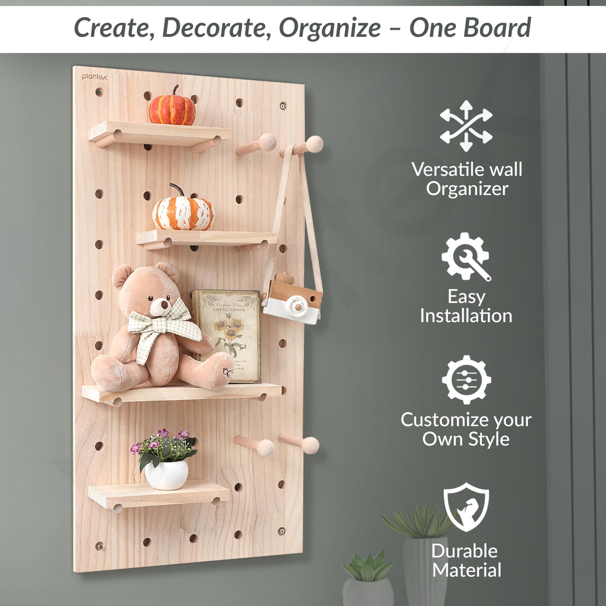 Plantex Multipurpose Pine Wall Mount Wood Pegboard For Home/Wood Display Shelf/Wall Organizer For Bedroom/Kitchen/Bathroom - (32X16 Inches)-5