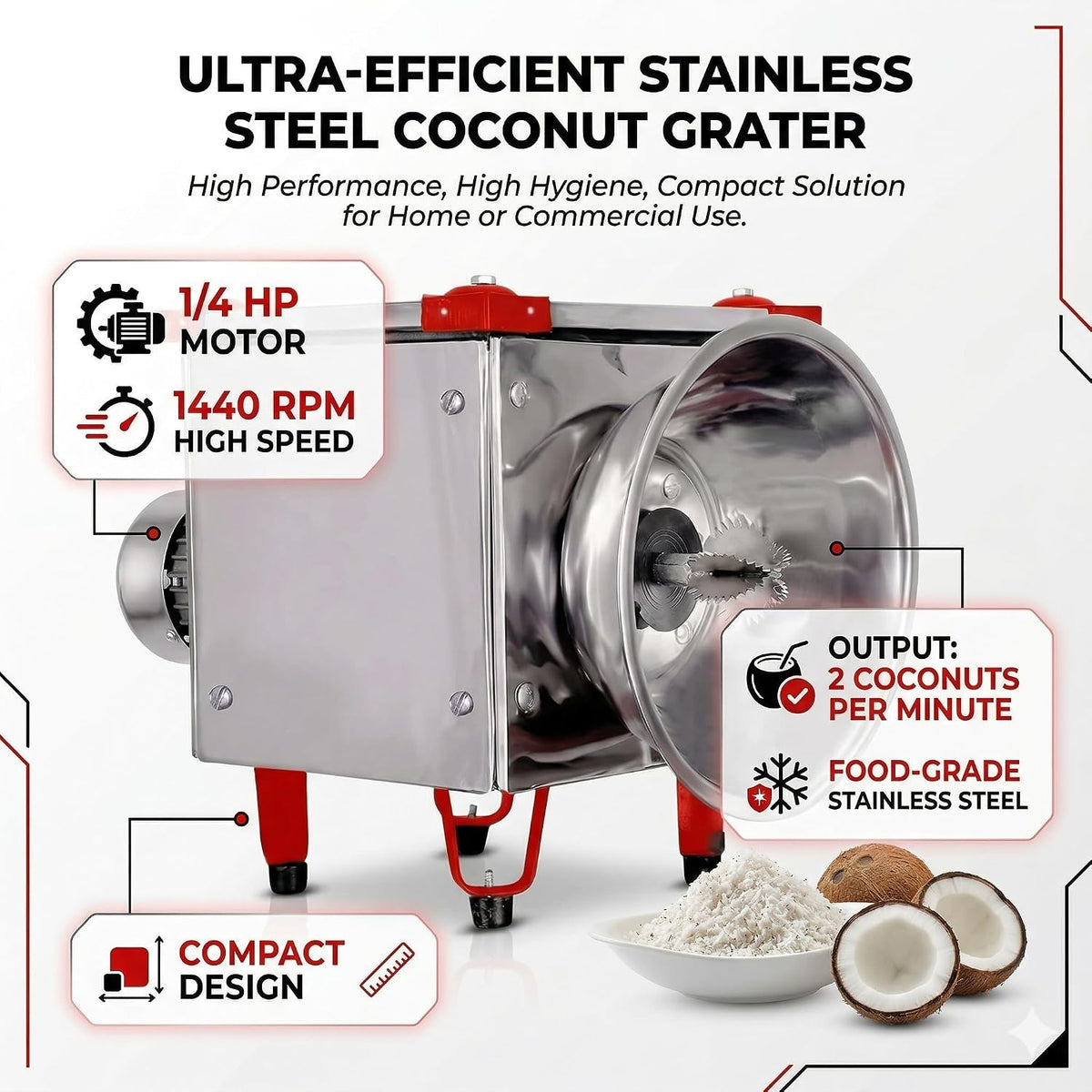 Electric Coconut Grater for Domestic and Commercial Prupose, Heavy Duty, Speed 2 Coconuts per min, 1440RPM, 1/4 HP Motor, Stainless Steel Blade
