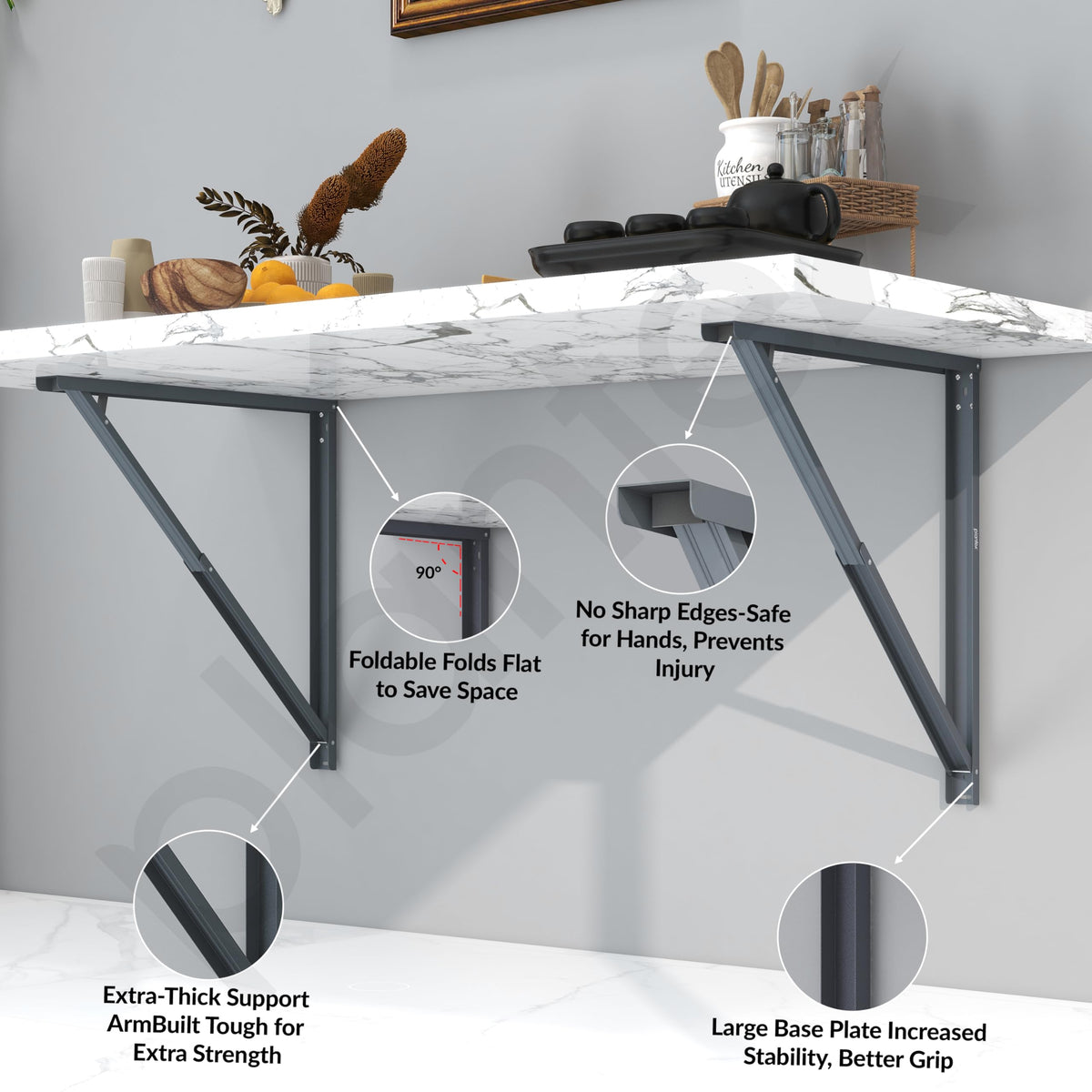 Plantex 24 Inch Foldable Table Bracket/Space Saving Wall Bracket/GI Steel Multipurpose Shelf Bracket/Folding Bracket for Home & Office - Pair of 1 (Grey)-2