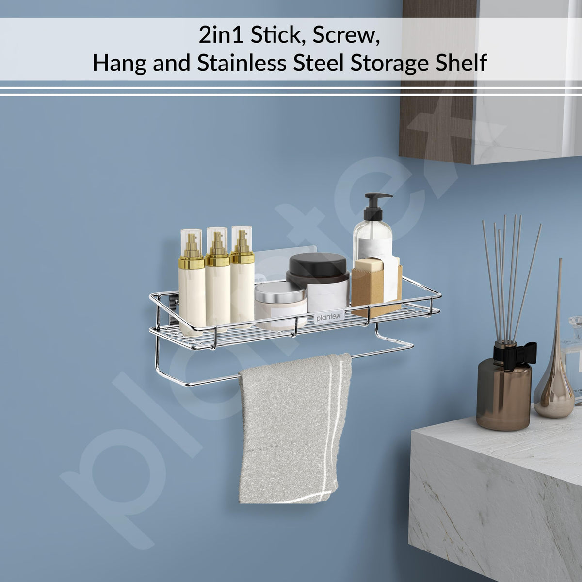 Plantex Self Adhesive Bathroom Shelf/Stainless Steel Shelf with Towel Rod/Napkin Holder/Kitchen Shelves & Racks/Kitchen Stand/Rack (Chrome)-2