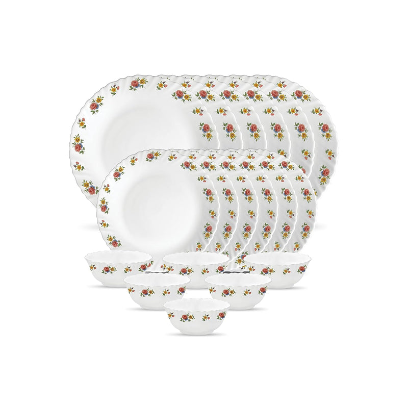La Opala Novo Collection Opal Glass Crockery | for Family of 6 | Dinner Set 18 pcs Petite Roses | Plates & Bowls for Dining | Microwave Safe | 100% Vegetarian | Extra Strong | Light & White