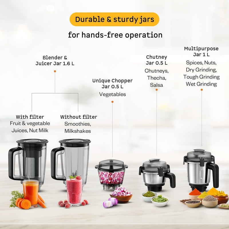 Atomberg Zenova Fresh Juicer Mixer Grinder | Coarse Mode for Silbatta-like Texture | Intelligent BLDC Motor | Safety Features | 4 Jars including Chopper & Juicer Jar | Hands-Free Operation | Black