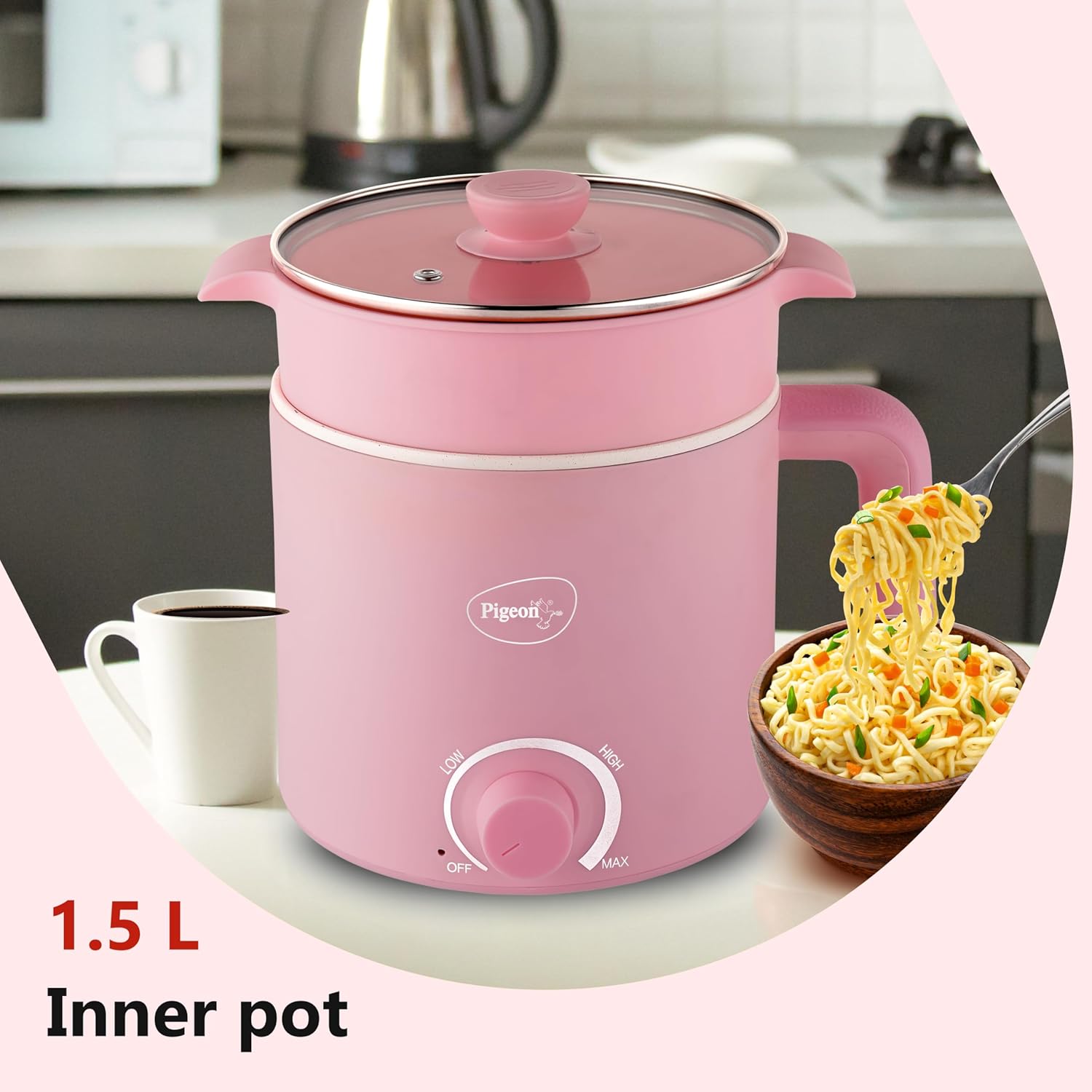 Pigeon By Stovekraft Swift Plus Multi-Cook Kettle 1.5L, With Steamer, Egg Rack - Pink | Black | Double Layered | Food Grade Stainless Steel Inner Wall | Glass Lid | Auto Shut-Off, 600 Watts