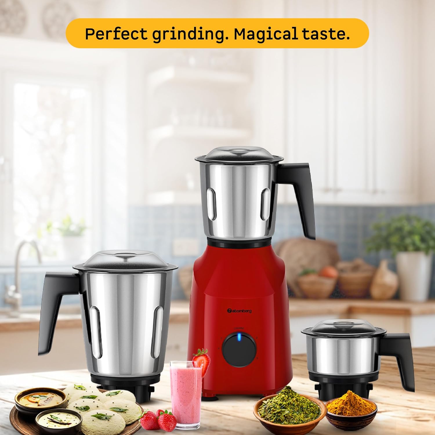 Atomberg Xiana 750 Watt Mixer Grinder | 3 Multipurpose Stainless Steel Jars | Coarse Mode for Silbatta-like Textures | Powerful Intelligent Motor | Easy Fault LED Indication | Fiery Red