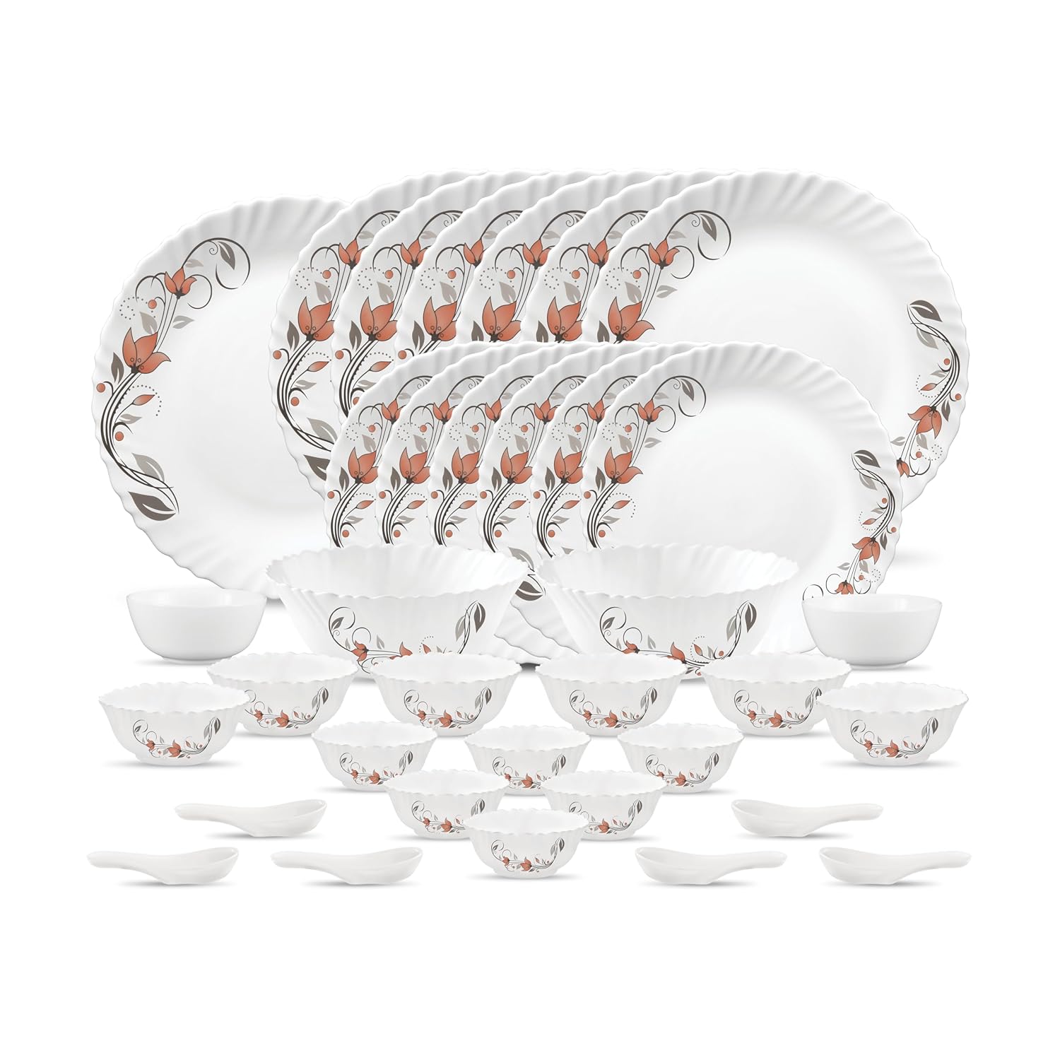 La Opala Novo Collection Opal Glass Crockery | for Family of 6 | Dinner Set 35 pcs Scarlet Duet | Plates & Bowls for Dining | Microwave Safe | 100% Vegetarian | Extra Strong | Light & White