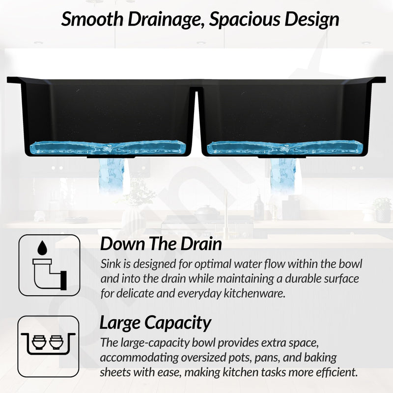 Plantex Matt Kitchen Sink/UV Protected Quartz Sink for Kitchen/Double Bowl Sink with Coupling and Hose Pipe (Charcoal Black - 37x18inch)-4