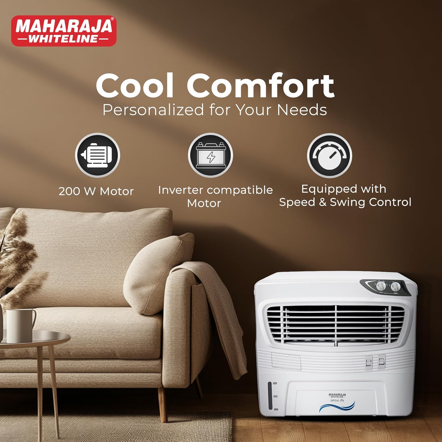 Maharaja Whiteline Arrow Deluxe Personal Air Cooler | 50 Litre Water Tank | High Delivery Rate of 2500CMH | Air Flow of 10.67 Meters | Air Cooler | 715x595x615 mm | White and Grey | 2 Yr Warranty