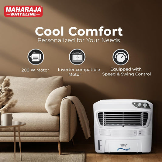 Maharaja Whiteline Arrow Deluxe Personal Air Cooler | 50 Litre Water Tank | High Delivery Rate of 2500CMH | Air Flow of 10.67 Meters | Air Cooler | 715x595x615 mm | White and Grey | 2 Yr Warranty