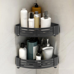 Plantex No Drill Corner Shelf for Bathroom Wall/Aluminium Self Adhesive Shelf/Bathroom Side Corner Shelf with Removable Hooks (9x9 inches, Matt Grey) - Pack of 2-1