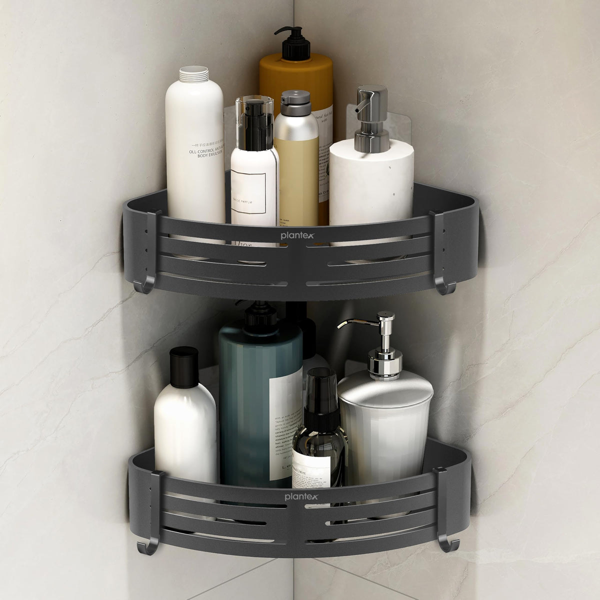 Plantex No Drill Corner Shelf for Bathroom Wall/Aluminium Self Adhesive Shelf/Bathroom Side Corner Shelf with Removable Hooks (9x9 inches, Matt Grey) - Pack of 2