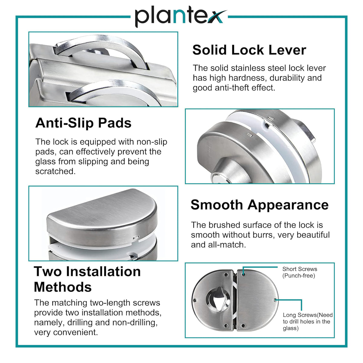 Plantex Stainless Steel Glass Door Lock - No Drilling/Lock for Main Door/Door Thickness 10 mm to 12 mm/3 Ultra Keys/Tuffen Glass Door Accessories - Pack of 1 (Matt)-4