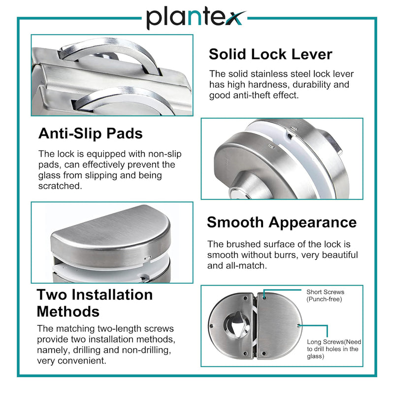 Plantex Stainless Steel Glass Door Lock - No Drilling/Lock for Main Door/Door Thickness 10 mm to 12 mm/3 Ultra Keys/Tuffen Glass Door Accessories - Pack of 1 (Matt)-4