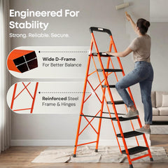 BonKaso climb easy 7 Step Foldable Steel Kitchen Ladder for Home,Office & Outdoor Use with Safety Clutch Lock,Anti-Slip Wide Steps,Support Handle & Tool Tray, Load Capacity Upto 120kg (Orange & Black)