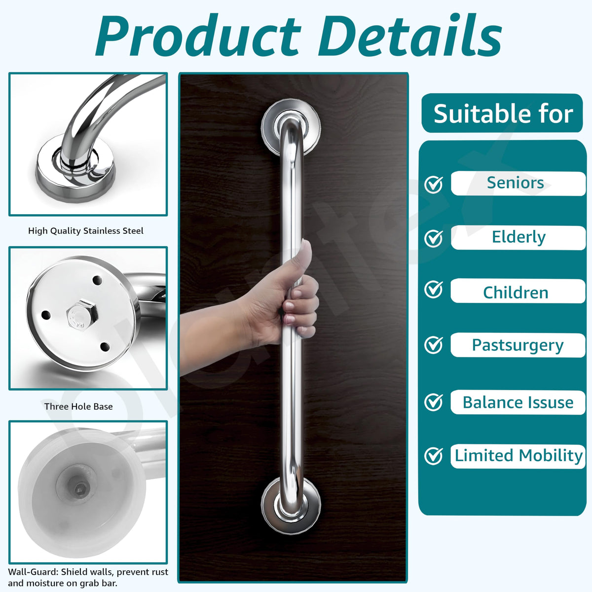 Plantex 18 Inch Stainless Steel Grab Bar for Toilet/Safety Support for Senior Citizens/Secure Bathroom Handrail/Bathroom Accessories (Chrome)-3