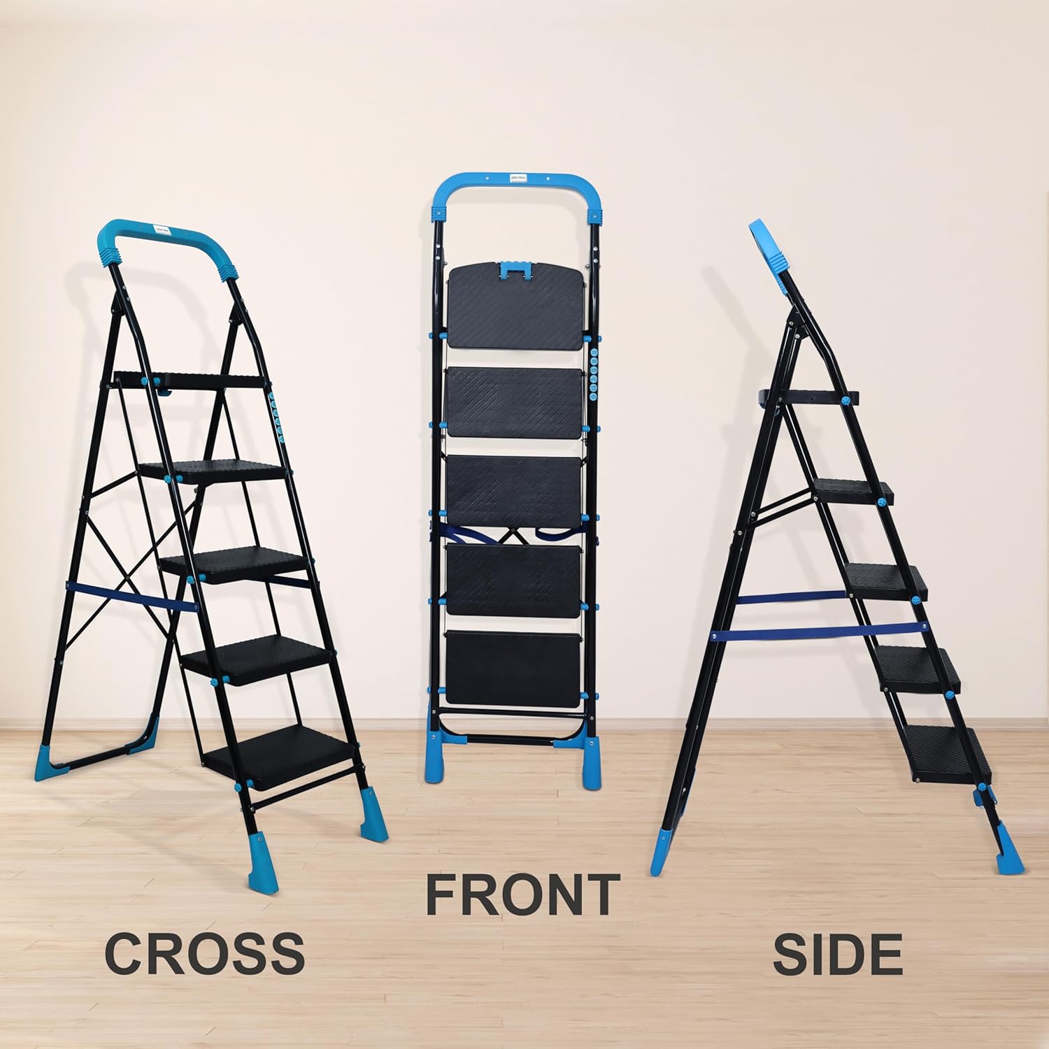 Plantex Heavy-Duty Mild Steel Stylo Folding Ladder with Wide Steps/5 Steps Ladder for Home with Advanced Locking System - 5 Wide Step Ladder(Black & Blue)