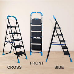 Plantex Heavy-Duty Mild Steel Stylo Folding Ladder with Wide Steps/5 Steps Ladder for Home with Advanced Locking System - 5 Wide Step Ladder(Black & Blue)