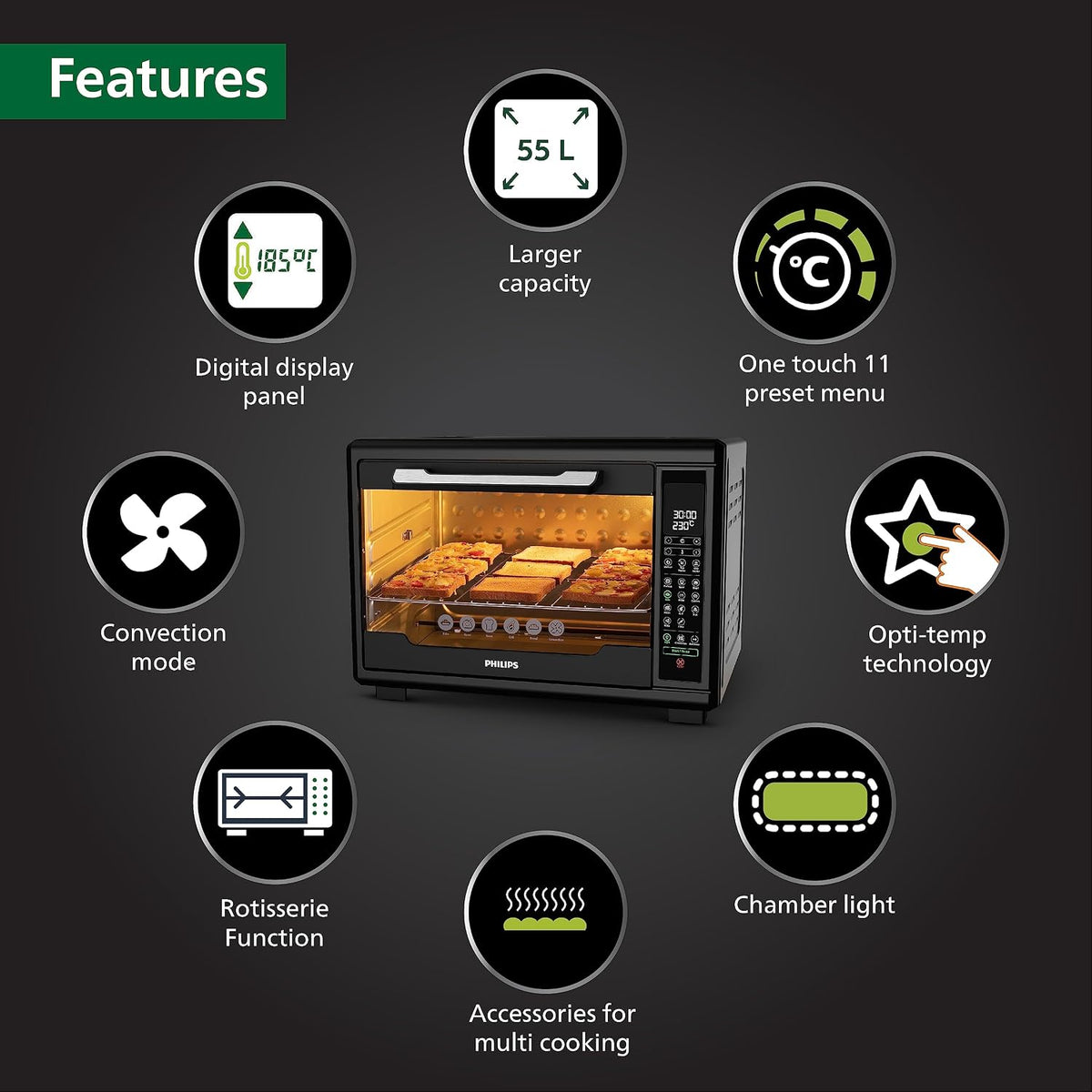 Philips HD6977/00 55 Litre Digital Oven Toaster Grill, 2000W, with Opti Temp Technology, Temperature control