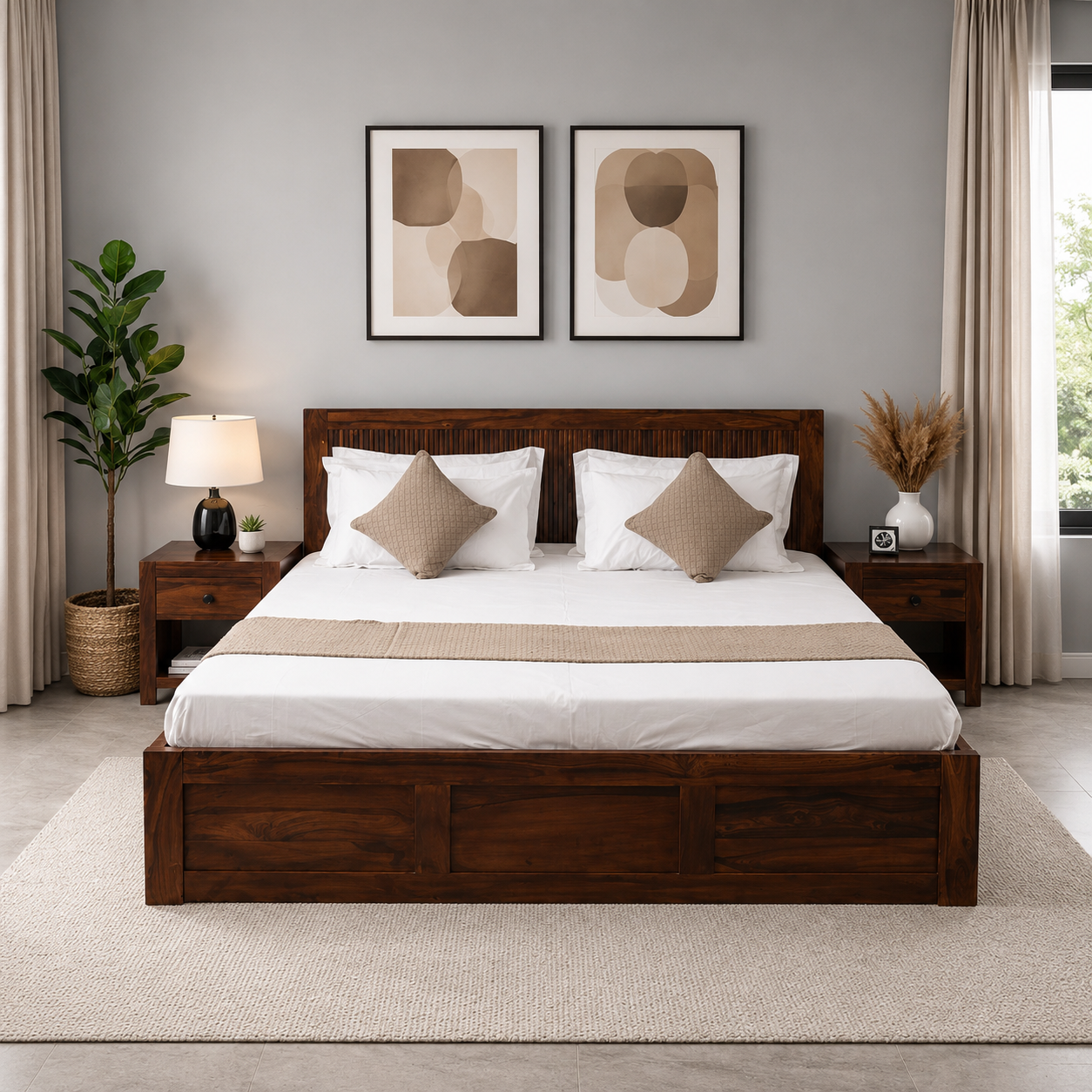 Premium Sheesham Wood Box Storage Bed with Slatted Headboard