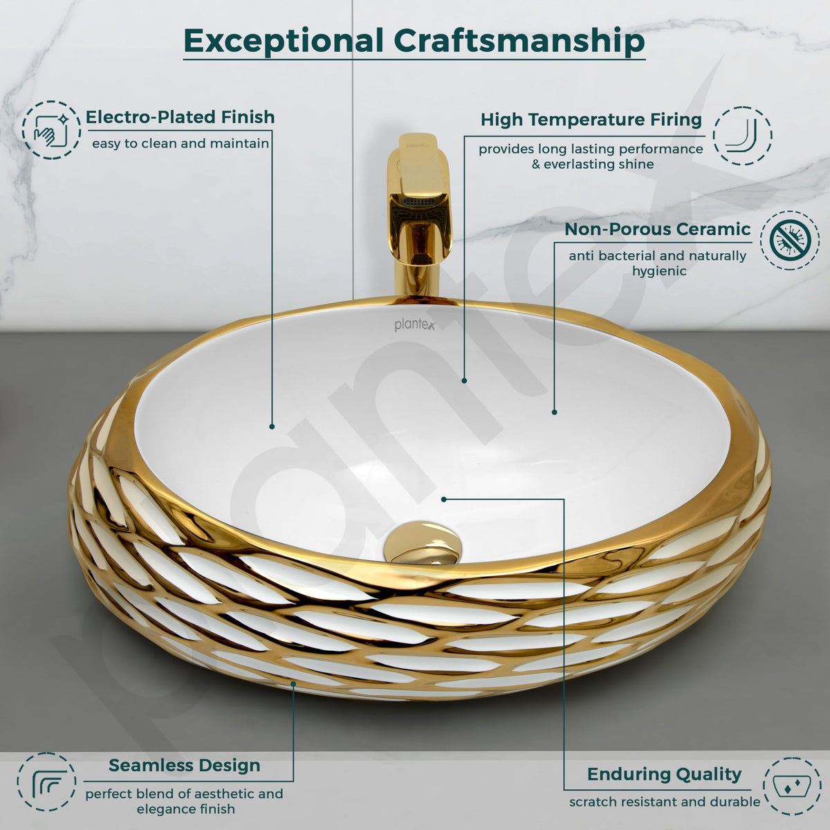 Plantex Table Top Wash Basin For Bathroom/Designer Ceramic Basin/Countertop Vessel Sink Basin - Indo-European Collection (EQTT-593, 23.5 x 15 x 7 Inch)-3