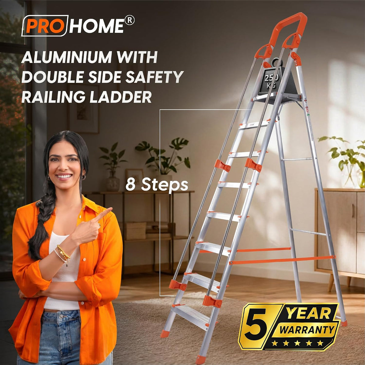 PROHOME Aluminium Ladder for Home 8 Steps Foldable with Railing & Anti-Skid Wide Steps | 8 Step Ladder for Home Use, Kitchen & Household | 270 Kg Capacity Folding Ladder | 5 Year Warranty (Orange)