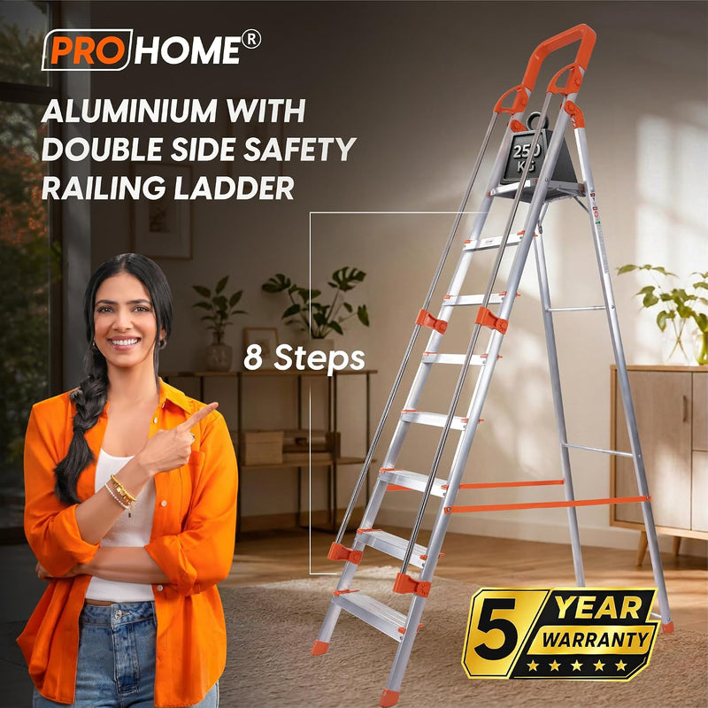 PROHOME Aluminium Ladder for Home 8 Steps Foldable with Railing & Anti-Skid Wide Steps | 8 Step Ladder for Home Use, Kitchen & Household | 270 Kg Capacity Folding Ladder | 5 Year Warranty (Orange)