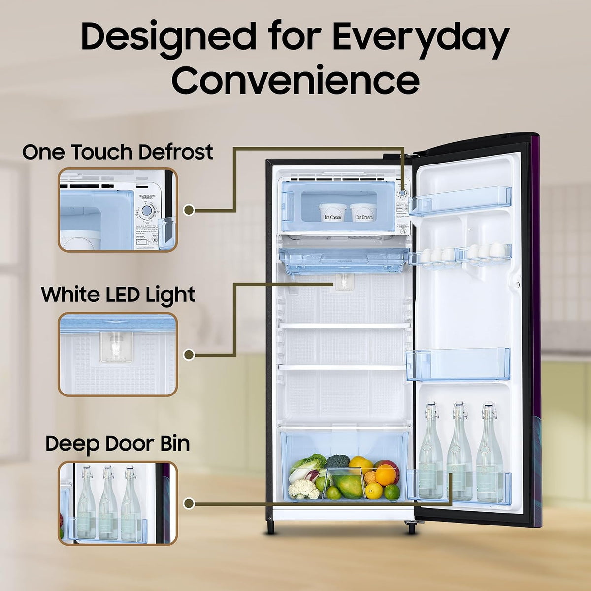 Samsung 183 L, 4 Star, Digital Inverter, Direct-Cool Single Door Refrigerator (RR20H27249R/NL, Paradise Bloom Purple, Single Touch Defrost, 2026)-6