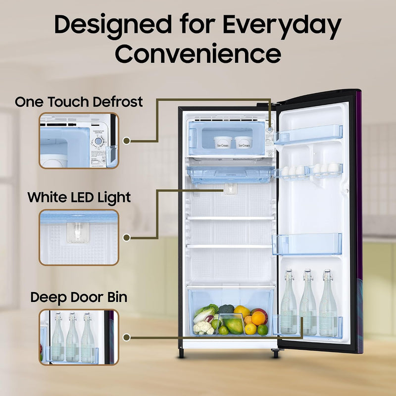 Samsung 183 L, 4 Star, Digital Inverter, Direct-Cool Single Door Refrigerator (RR20H27249R/NL, Paradise Bloom Purple, Single Touch Defrost, 2026)-6