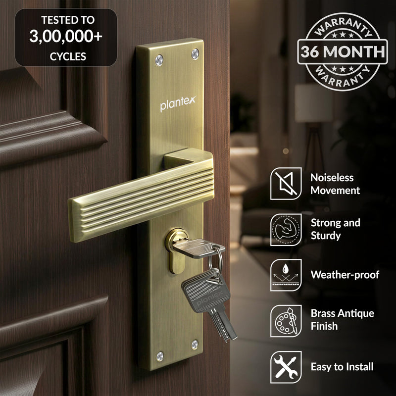 Plantex Stainless Steel Door Lock Handle Set/ 6-Lever Lock Mechanism with 3 Years of Warranty/Mortise Lock with 3 Keys, Brass Lock Body & Cylinder - (DTM-661, Brass Antique)-2