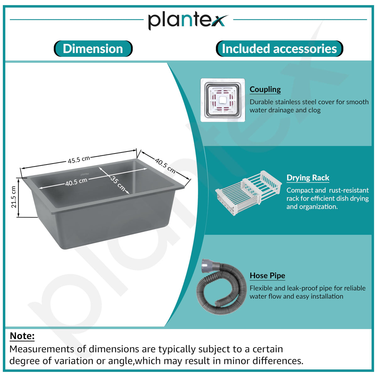 Plantex Kitchen Sink/Quartz Single Bowl Kichen Sink with Hose Pipe and Square Coupling/Under Mount Kitchen Sink - (Grey, 16 x 18 inch)-5