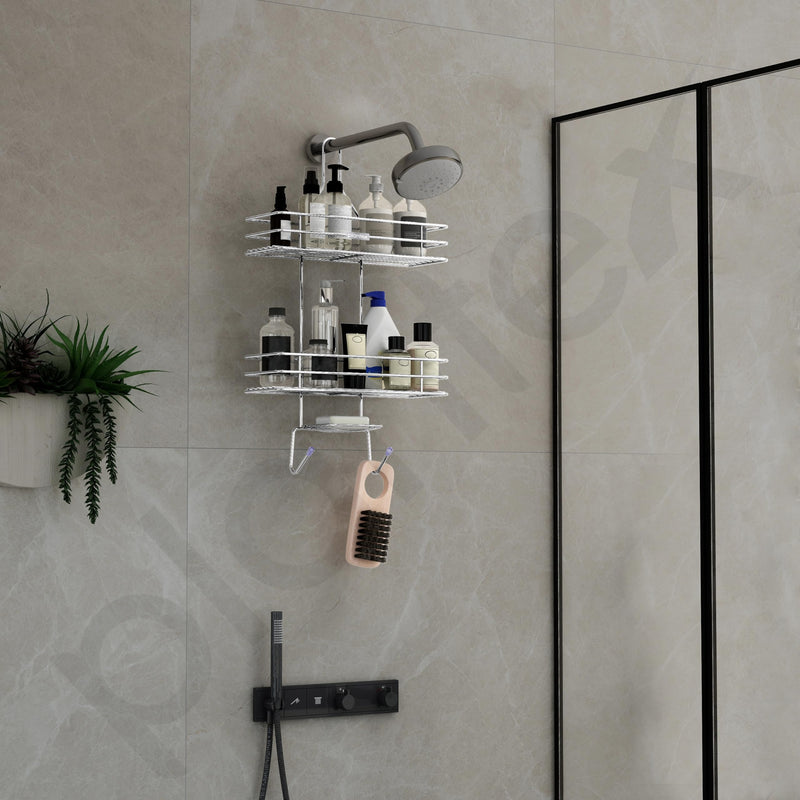 Plantex No Drill Bathroom Organiser/Shower Caddy for Bathroom Hanging/5in1 Stainless Steel Shelf with Soap Holder and Hooks (Big Size-Square Shape-Chrome Finish)-4