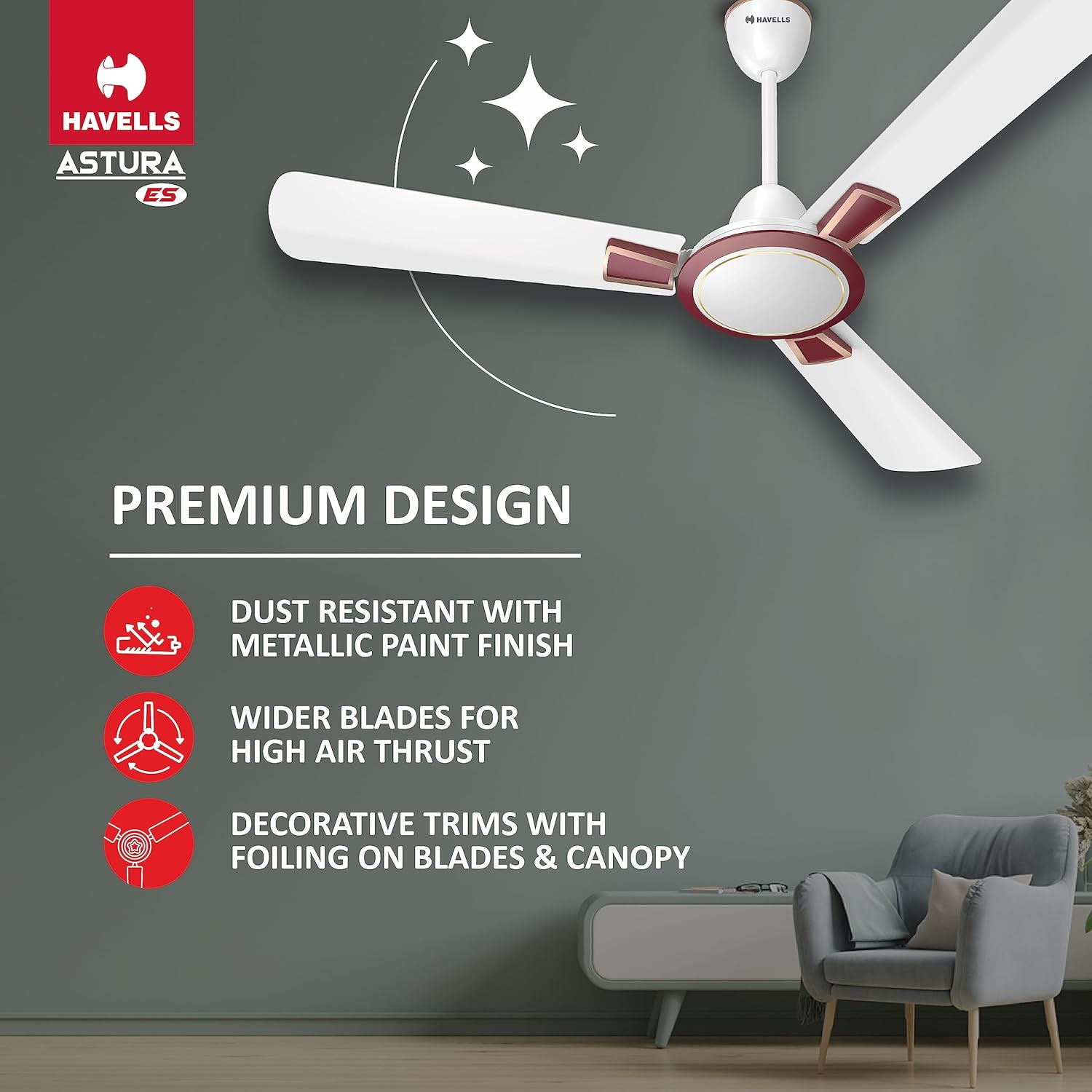 Havells 1200mm Astura Energy Saving Ceiling Fan (White Maroon, Pack of 2)