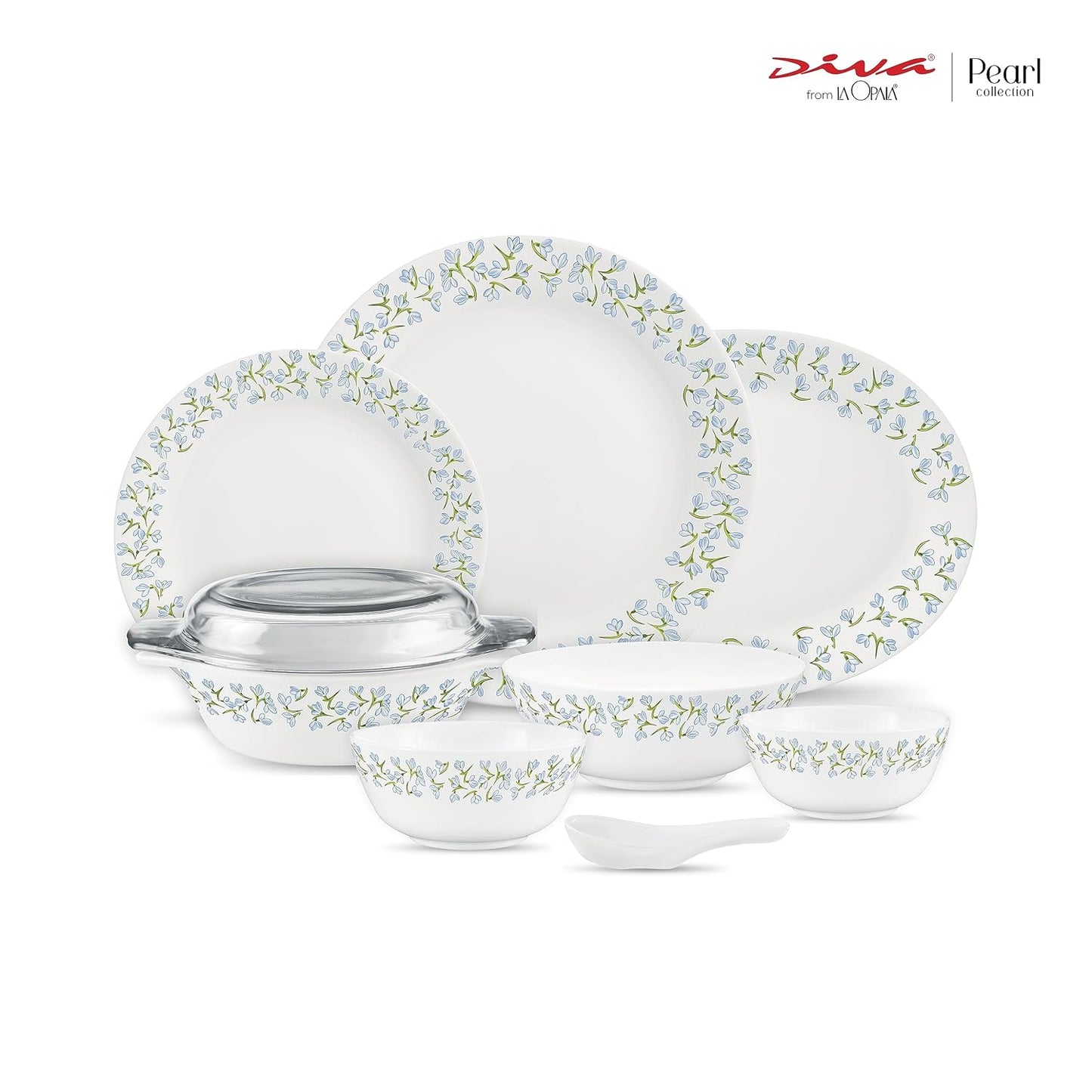 Diva by La Opala, Pearl Collection, Opal Glass Dinner Set 47 pcs, Silky Cluster, White