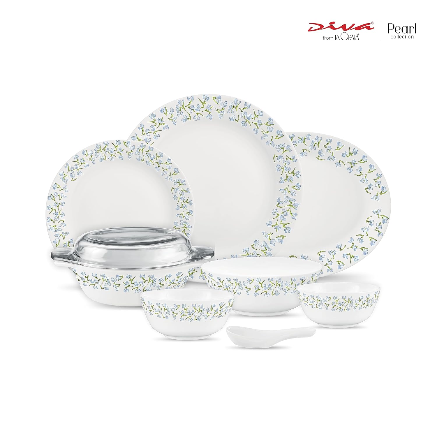 Diva by La Opala, Pearl Collection, Opal Glass Dinner Set 47 pcs, Silky Cluster, White