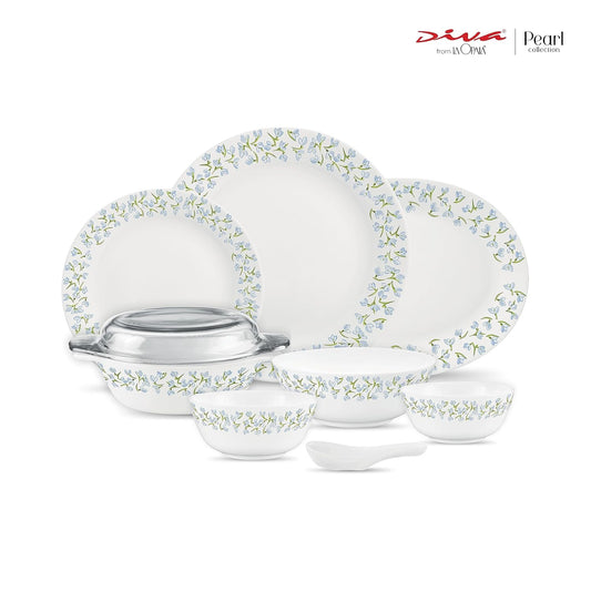 Diva by La Opala, Pearl Collection, Opal Glass Dinner Set 47 pcs, Silky Cluster, White