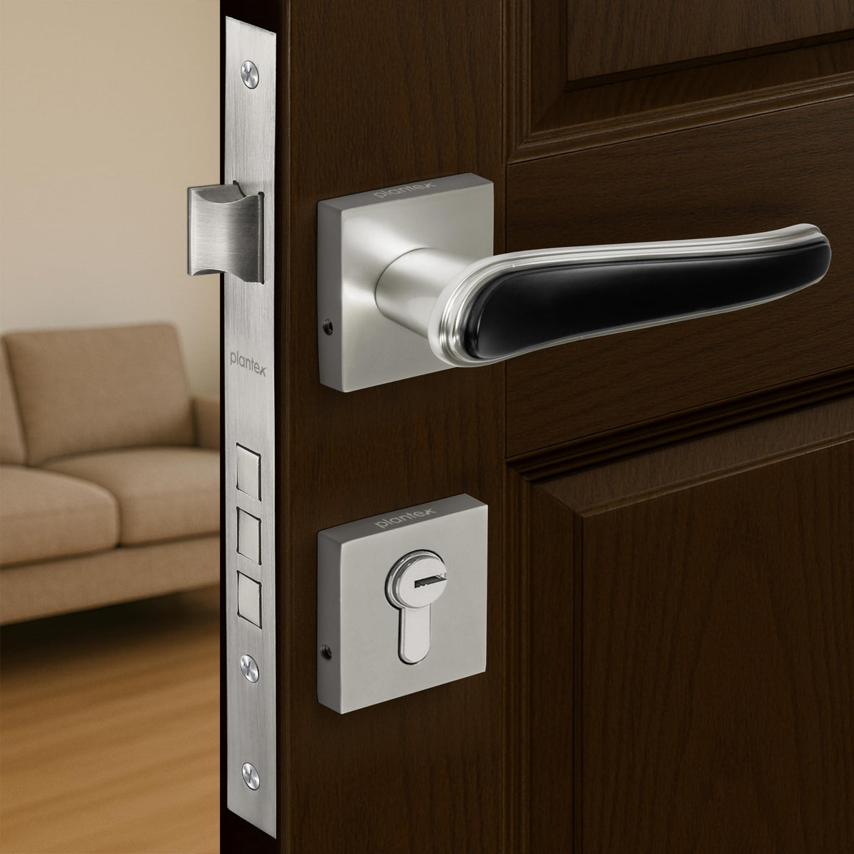 Plantex Main Door Lock/Mortise Lock for Doors - Robust Door Handle for Home with Brass Locks Body & Cylinder (PT-014, Satin & Black)-1
