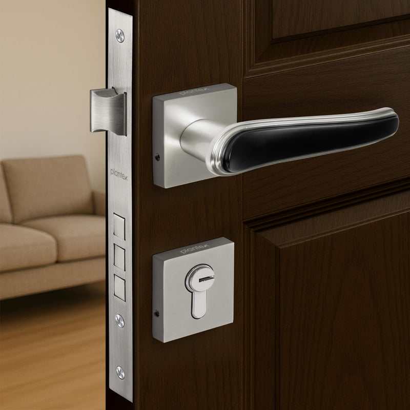 Plantex Main Door Lock/Mortise Lock for Doors - Robust Door Handle for Home with Brass Locks Body & Cylinder (PT-014, Satin & Black)-1