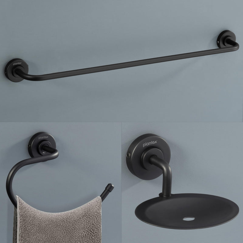 Plantex 304 Grade Stainless Steel Bathroom Accessories Set of 3 - Towel Hanger/Napking Holder/Dual Soap Holder for Bathroom - Daizy (Black)-1
