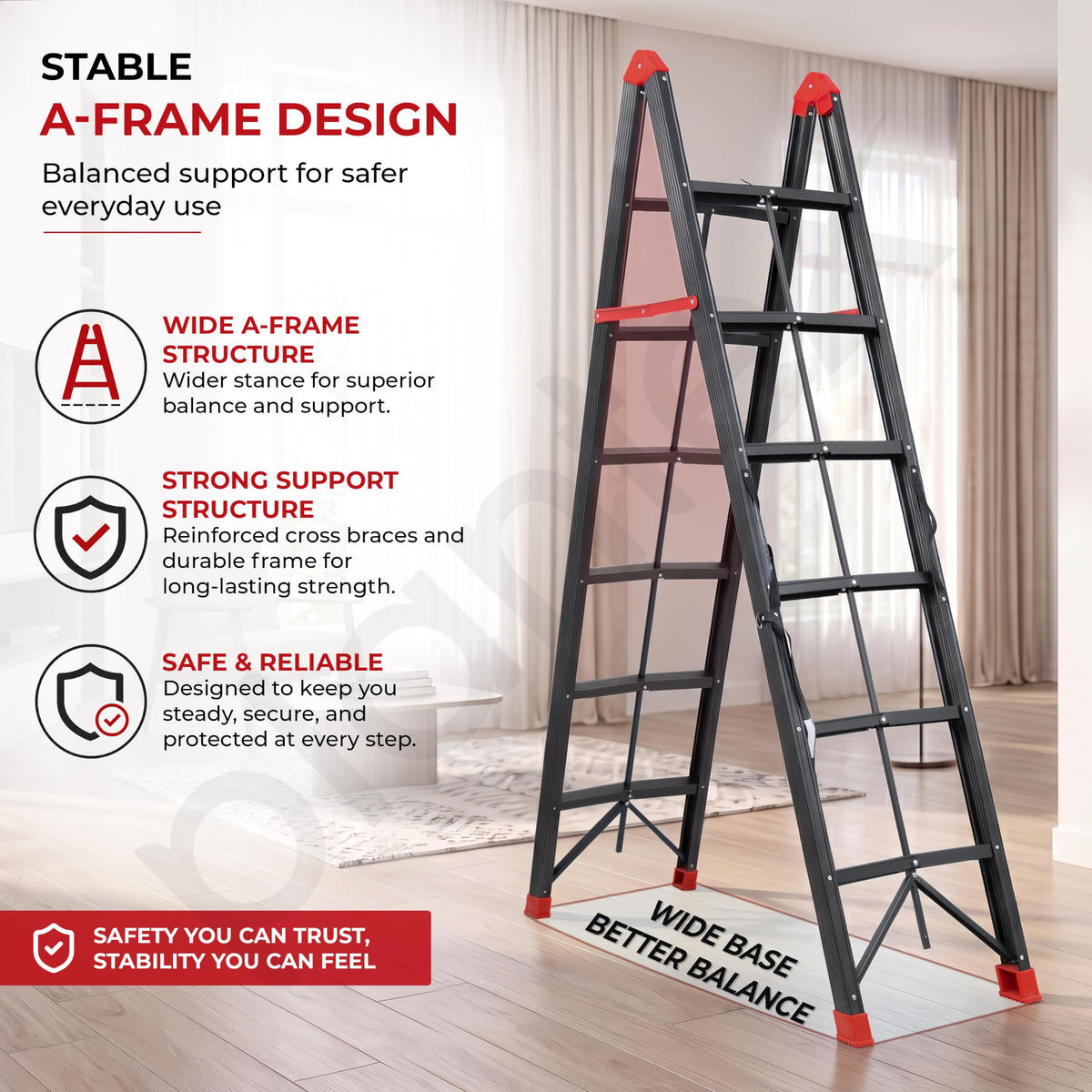 Plantex Folding Ladder for Home | 6-Step Steel Step Ladder | Anti-Skid Foldable Ladder | Home, Office & Warehouse Use - Pack of 1 (GT-6, Black & Red)