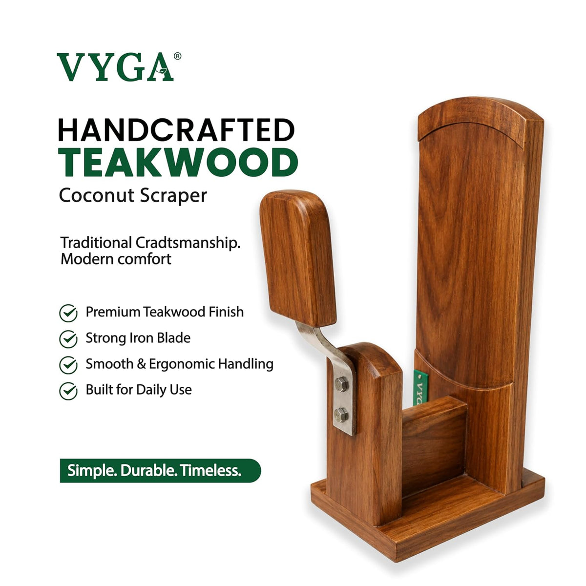 Vyga Bold Teak Wood Coconut Scraper with Iron Blade, Traditional Kerala Handcrafted Design, Bowl Ring Base