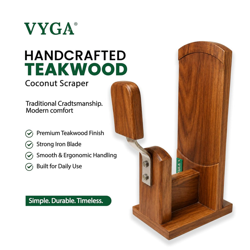 Vyga Bold Teak Wood Coconut Scraper with Iron Blade, Traditional Kerala Handcrafted Design, Bowl Ring Base