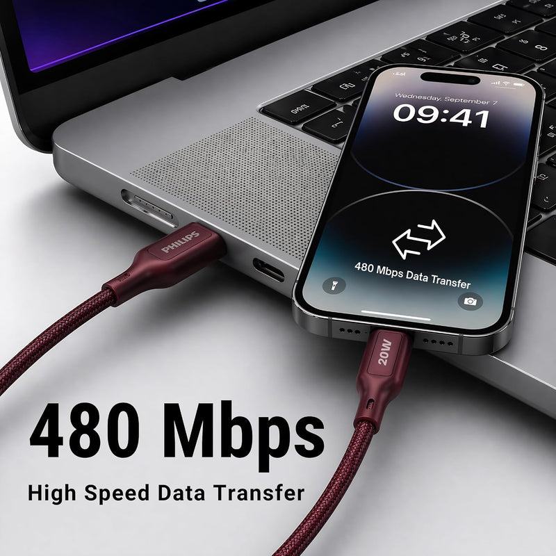 Philips DLC4150VI/94 20W iPhone Original Type-A to Lightning Fast Charging Cable (1.5m, Iron Red)