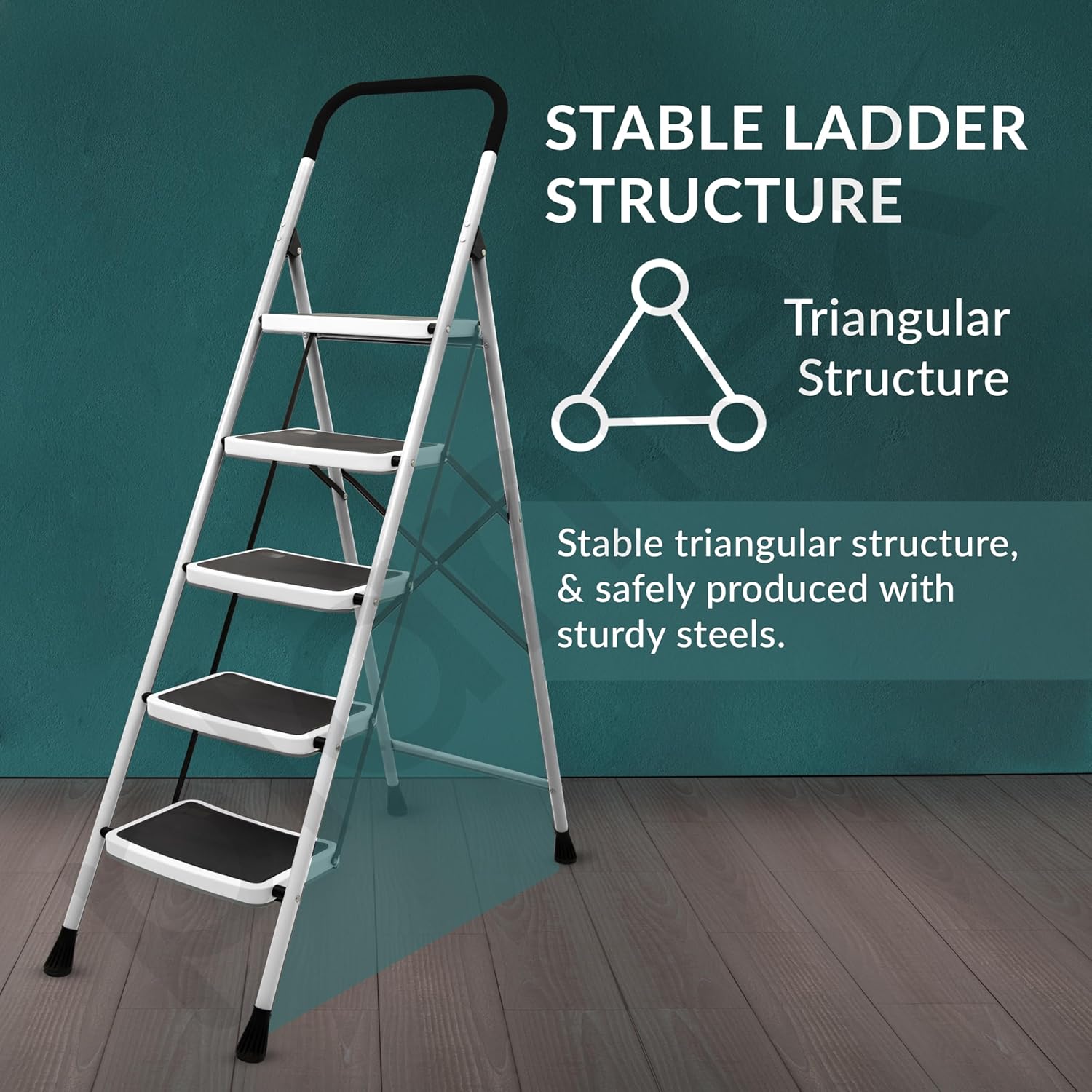 Plantex 5 Step Foldable Ladder for Home Use/Steel Ladder with Anti-Slip Shoes/Step Ladder with Double-Grip Technology(White & Black)