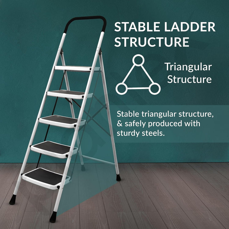 Plantex 5 Step Foldable Ladder for Home Use/Steel Ladder with Anti-Slip Shoes/Step Ladder with Double-Grip Technology(White & Black)